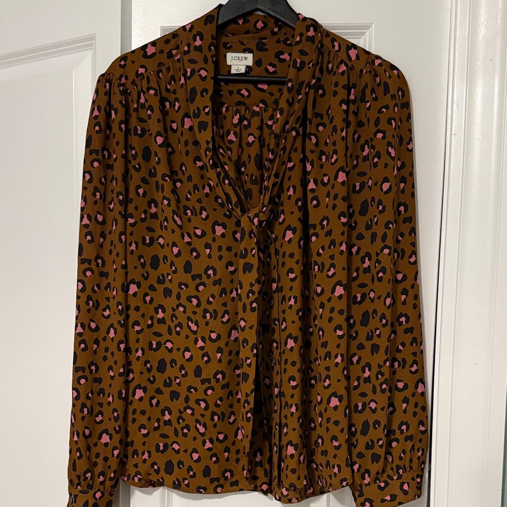 J. Crew Brown Leopard Print Tie-Neck Blouse with Pink Spots
